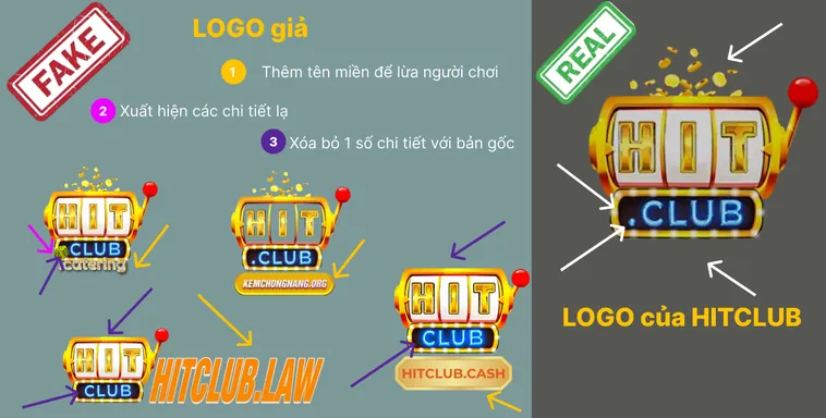 Chữ “Hit.Club” trên logo thật rõ ràng và font đồng bộ, trong khi logo giả Hit.Club có font lệch hoặc sai kiểu.